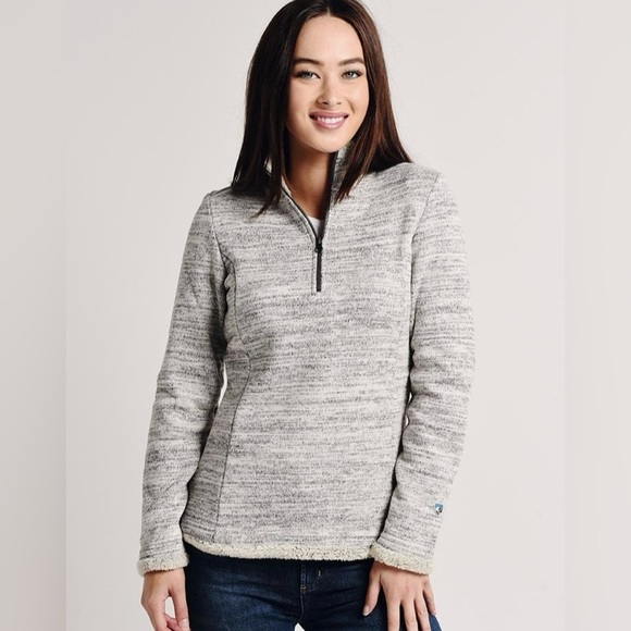 Kuhl Sweaters - Kuhl Women’s Alaska Quarter-Zip Pullover, Faux Shearling Trim, Gray/Cream, Sz L